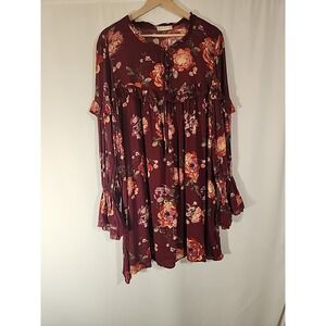 Altar'd State Burgundy Floral Mini Dress Bell‎ Sleeve Boho Ruffle Lace Womens L